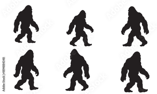Collection of six walking Bigfoot or Sasquatch silhouettes on white.