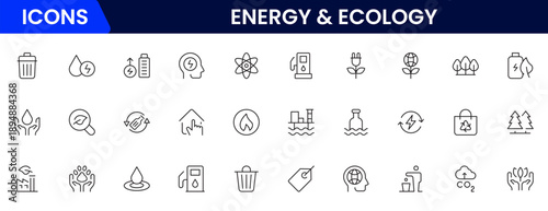 Ecology icons depicting nature, sustainability, environment, recycling, conservation, renewable energy, wildlife, green technology, climate, earth, plants, ecosystem, biodiversity, preservation, and e