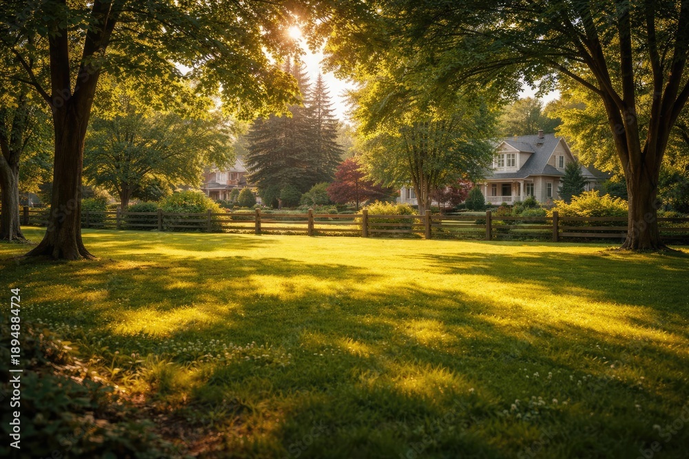 Fototapeta premium Sunlit summer park featuring grass and homes seen beyond fence
