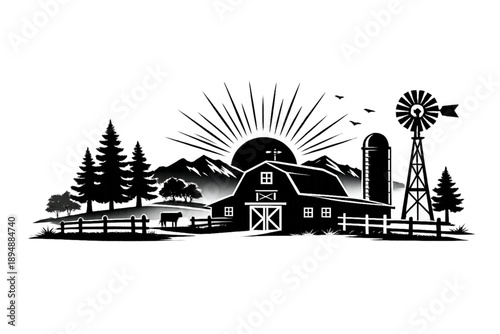 Classic Farmstead Silhouette Vector Illustration: Monochrome Rural Landscape with Barn, Silo, Windmill, Mountains, and Sunrise for Agribusiness Logo Design or Vintage Branding.