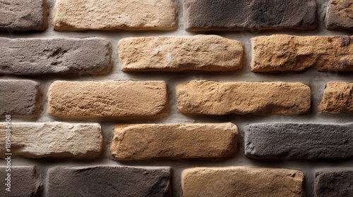 Textured Wall of Stacked Stone Bricks with Varying Shades and Natural Patterns in Earthy Tones for Interior Design and Architectural Backgrounds
