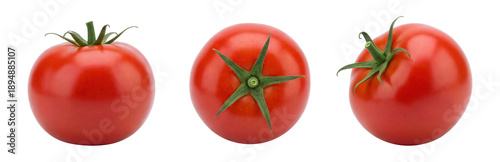 Foto three whole ripe red tomatoes with green stems, isolated on a transparent background, showcasing different angles and natural textures, food photography