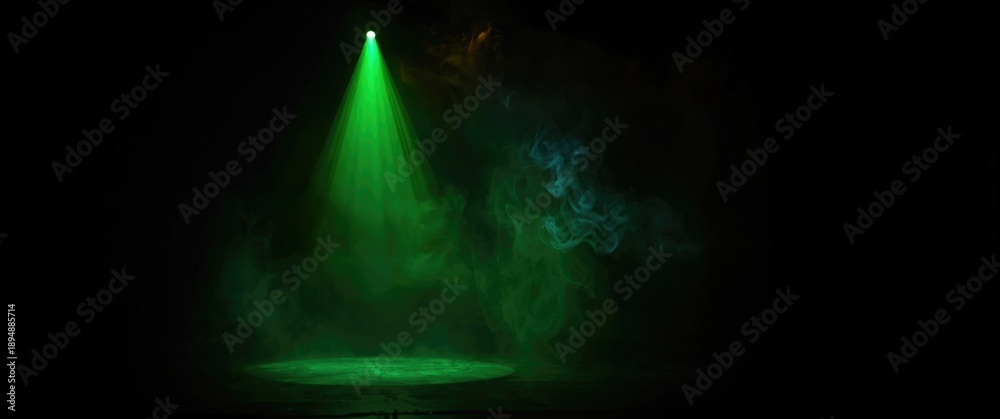 Fototapeta premium Projector spotlight in green hue with smoke textured background, featuring light beam screening and glow for cinema and multimedia film production in a dark black room at night, wide lens perspective