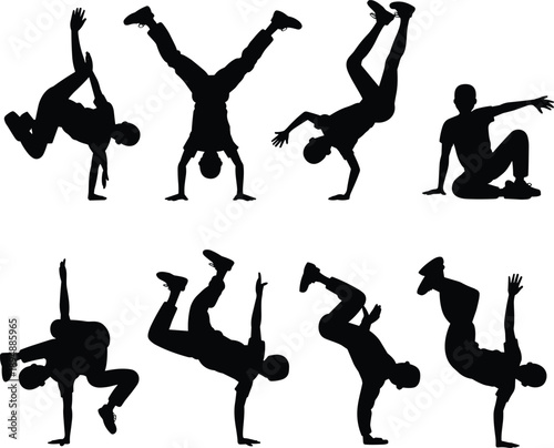 Breakdance silhouettes set, showing dynamic street dance poses, isolated on white background, flat vector illustration, urban hip hop culture art