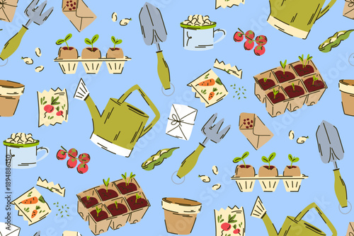 A seamless pattern with a gardening theme, featuring watering cans, seeds, scoops, and seedlings. Hand-Drawn Gardening Essentials and Seedlings Seamless Pattern