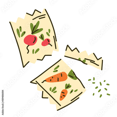 Brightly colored seed packages for spring planting in the vegetable garden and orchard, radish and carrot seeds, opened and whole packs