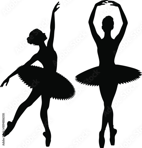 Ballerina dancer silhouettes performing ballet poses, classical dance art concept, elegant female performers figures isolated on white background