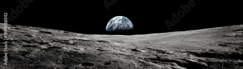 Moon landing viewpoint earthrise over lunar surface outer space photography cosmic environment awe-inspiring perspective