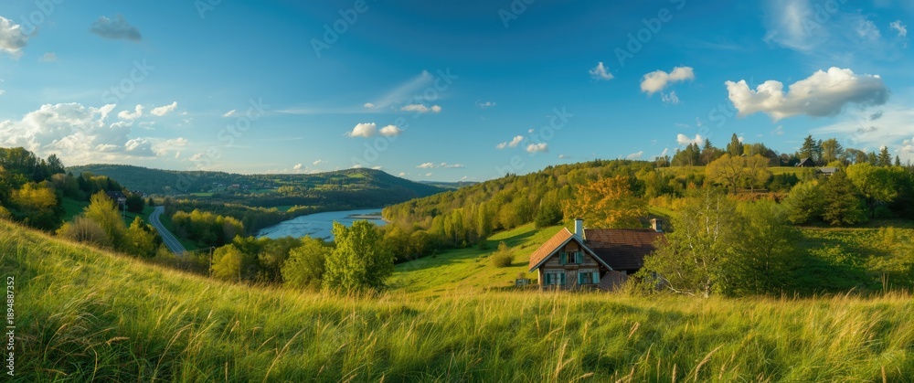 Obraz premium Belarus rural landscape featuring Eastern European nature, sky, grass, and trees during summer