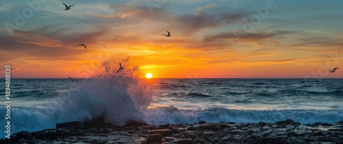 Morning sunrise at Buzzards Bay near Massachusetts south coast seen from Gooseberry Island, featuring crashing waves and soaring gulls.