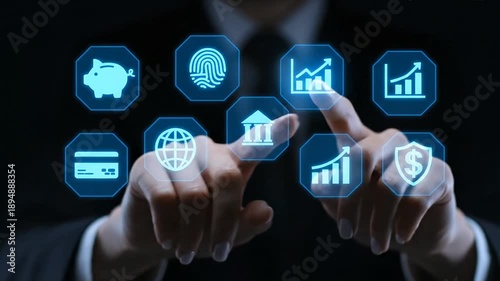 Hands interacting with financial technology icons on a dark background