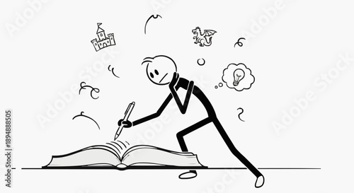 Stick figure writing in a book with ideas floating around.