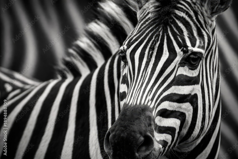Fototapeta premium Monochrome portrait of a zebra with sharp eye detail and soft striped background