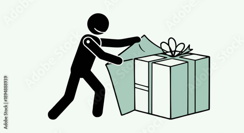 Stick figure unwrapping a gift box with a bow.