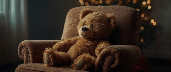 Retro toy bear from the USSR era lounging on an armchair, room setting, photography idea
