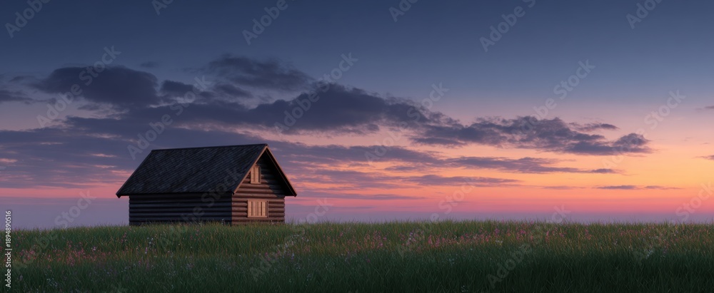 Fototapeta premium A tranquil meadow at dusk is a painter's palette with a cozy wooden cabin.