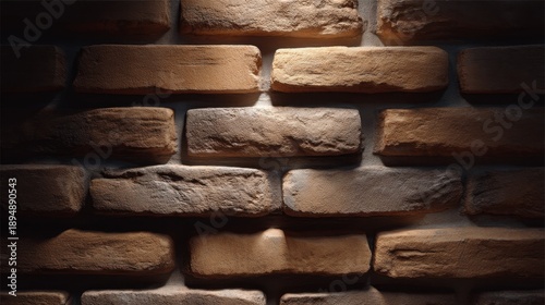 Textured brown brick wall background with warm lighting enhancing depth and character for design or architectural projects in urban settings