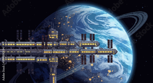 Space Station Orbiting Earth with Modules and Illuminated Structures in Deep Space