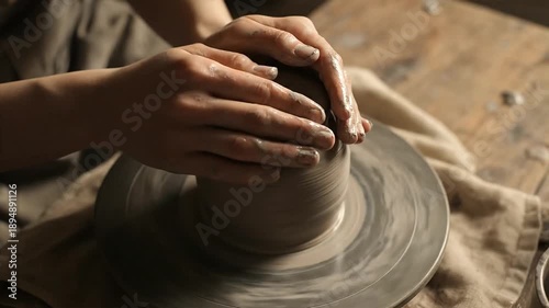 Hands shaping clay on pottery wheel creating ceramic object indoors