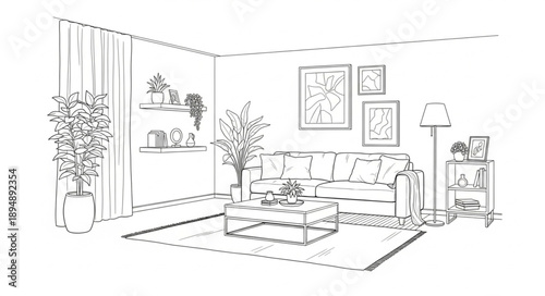 Hand drawn sketch of a modern living room interior.