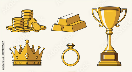 Collection of shiny golden objects representing wealth victory and royal status in a simple illustration