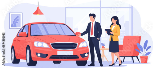 Car salesperson shows vehicle to client in modern showroom