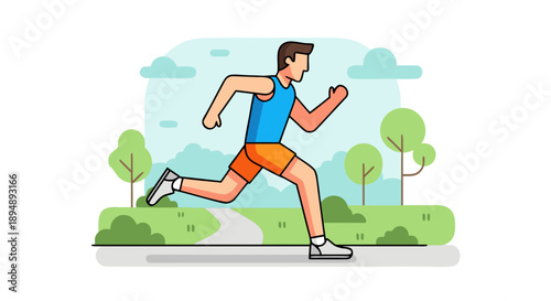 Athletic man in bright sportswear jogging vigorously along a winding park path during daylight hours