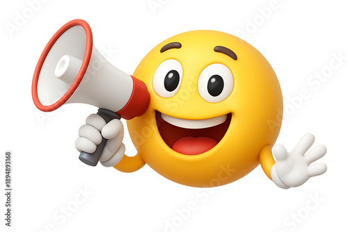 Happy emoji holding megaphone announcement concept isolated on transparent background