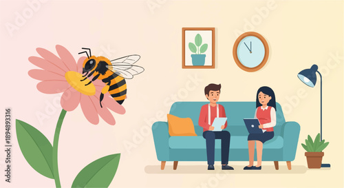Cartoon bee on flower next to people working on laptop and tablet