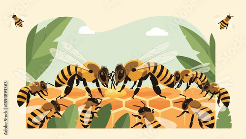 Cartoon bees gathered on a honeycomb, some feeding