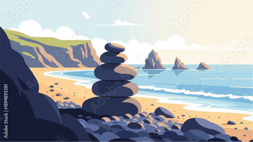 Balanced stones on a serene beach with coastal cliffs and sea stacks