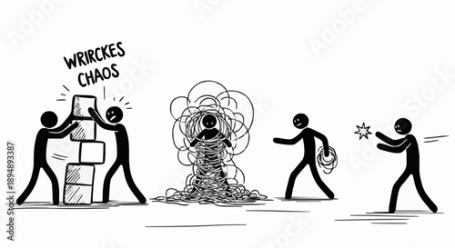 Stick figures in a chaotic situation with tangled lines and blocks.