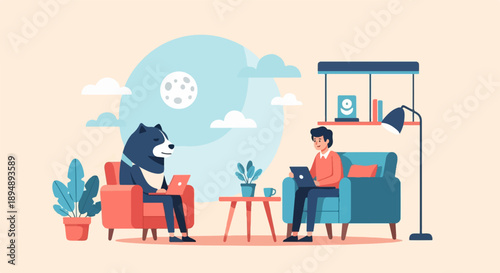 Cartoon characters on sofas with laptops, moon and clouds in background