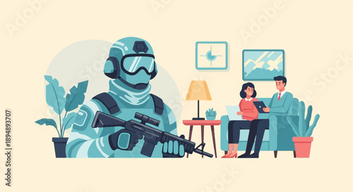 Armored soldier with rifle stands guard while couple discusses plans