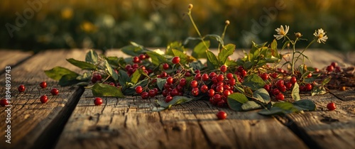 Rowan berries and leaves arranged on antique wooden boards