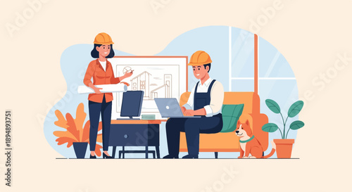 Architects discussing blueprints and working on laptops with a dog nearby