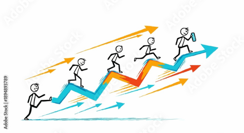 Stick figures running up a rising graph representing success and progress.