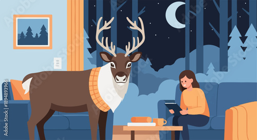 A woman uses a tablet near a reindeer in a cozy living room overlooking a forest