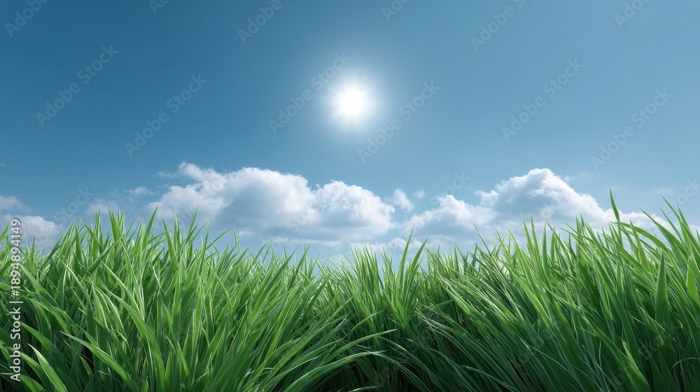 Fototapeta premium Lush Green Grass Field Under Bright Blue Sky with Fluffy White Clouds and a Radiant Sun Providing Warmth and Natural Beauty in a Serene Landscape