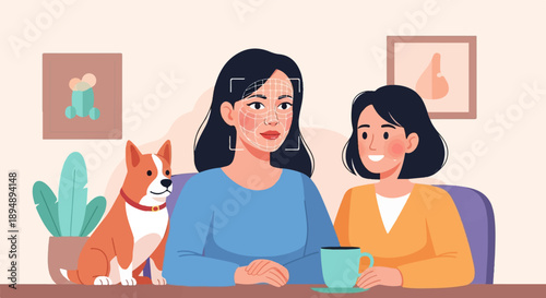 A woman with facial recognition grid, her friend, and a dog at a table