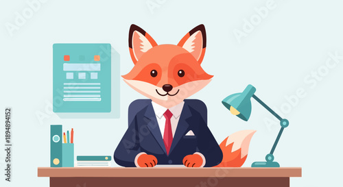 Anthropomorphic fox in a suit sits at an office desk with a lamp