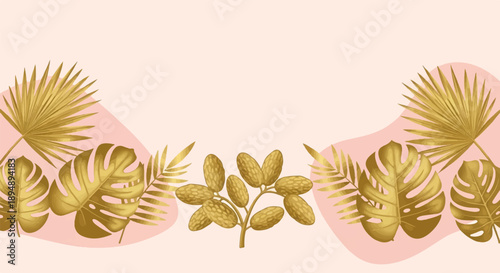 Abstract pastel background with golden tropical leaves and fruit