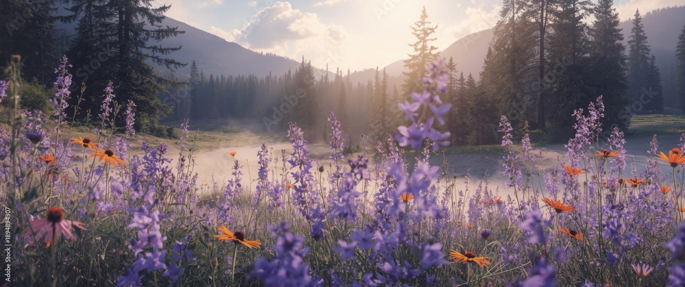 Fototapeta premium Wildly blooming summer flowers in the mountain forest with purple haze