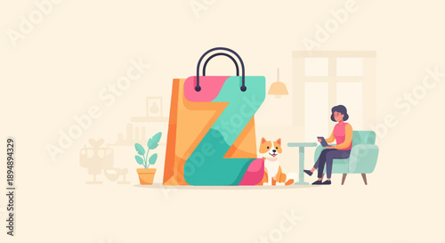 A woman relaxes with her dog beside a large shopping bag indoors