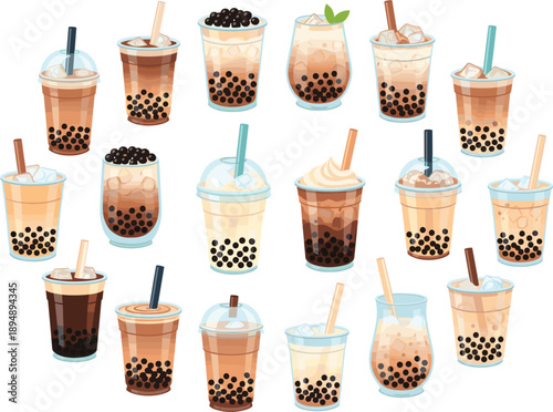 Assorted bubble tea drinks collection with milk tea, iced tea, and tapioca pearls, modern vector illustration