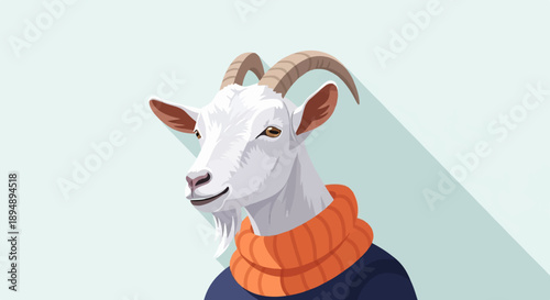 A white goat with horns wears an orange scarf and dark blue sweater