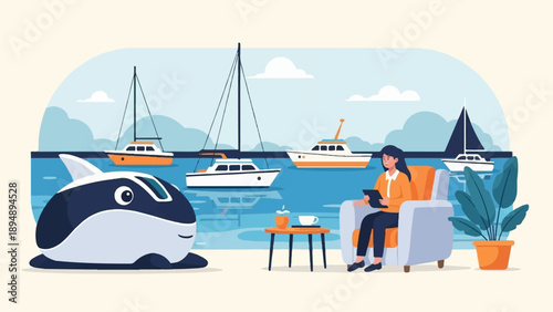 A woman relaxes in a chair by a sea with boats and a whale