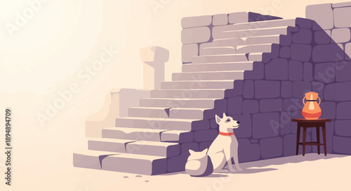 A white dog sits patiently beside an ancient stone staircase and a clay jug