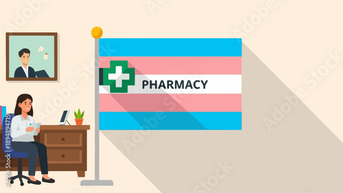 A woman works at a desk with a pharmacy flag in the background