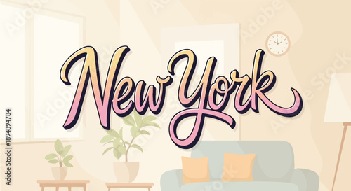 A stylized "New York" calligraphy adorns a cozy room with plants, sofa, and lamp